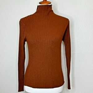 THINKABLE‎ Mock Turtleneck Brown Ribbed Sweater Free One Size Wardrobe Basic